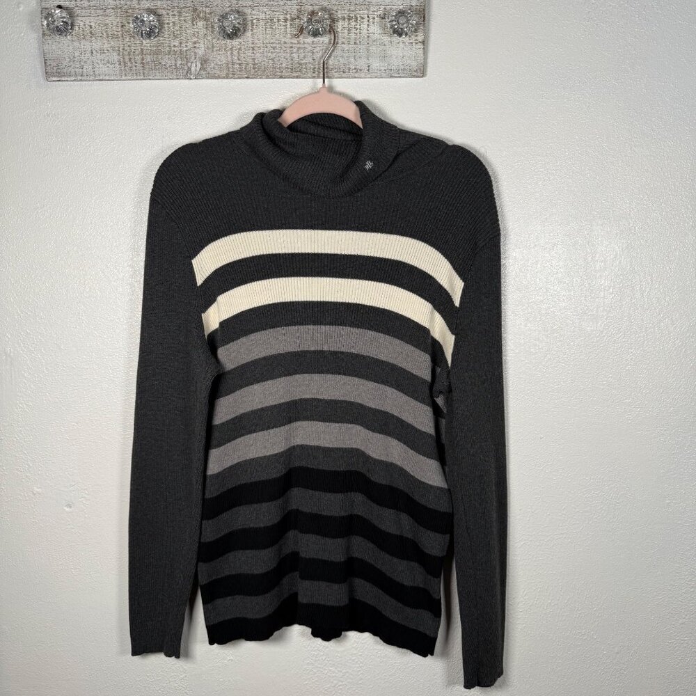 Ralph Lauren Women's 2X Gray Striped Ribbed Knit Turtleneck Top Y2K Old Money